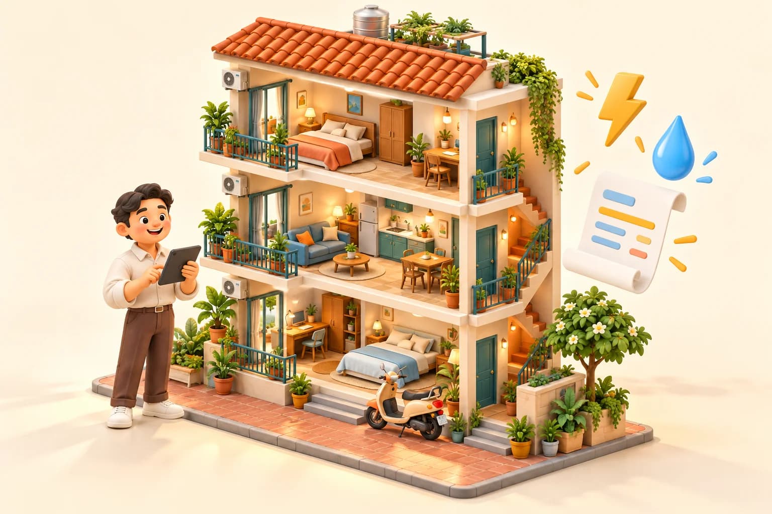Mô hình 3D nhà trọ nhiều phòng, cây xanh và chủ trọ quản lý bằng máy tính bảng