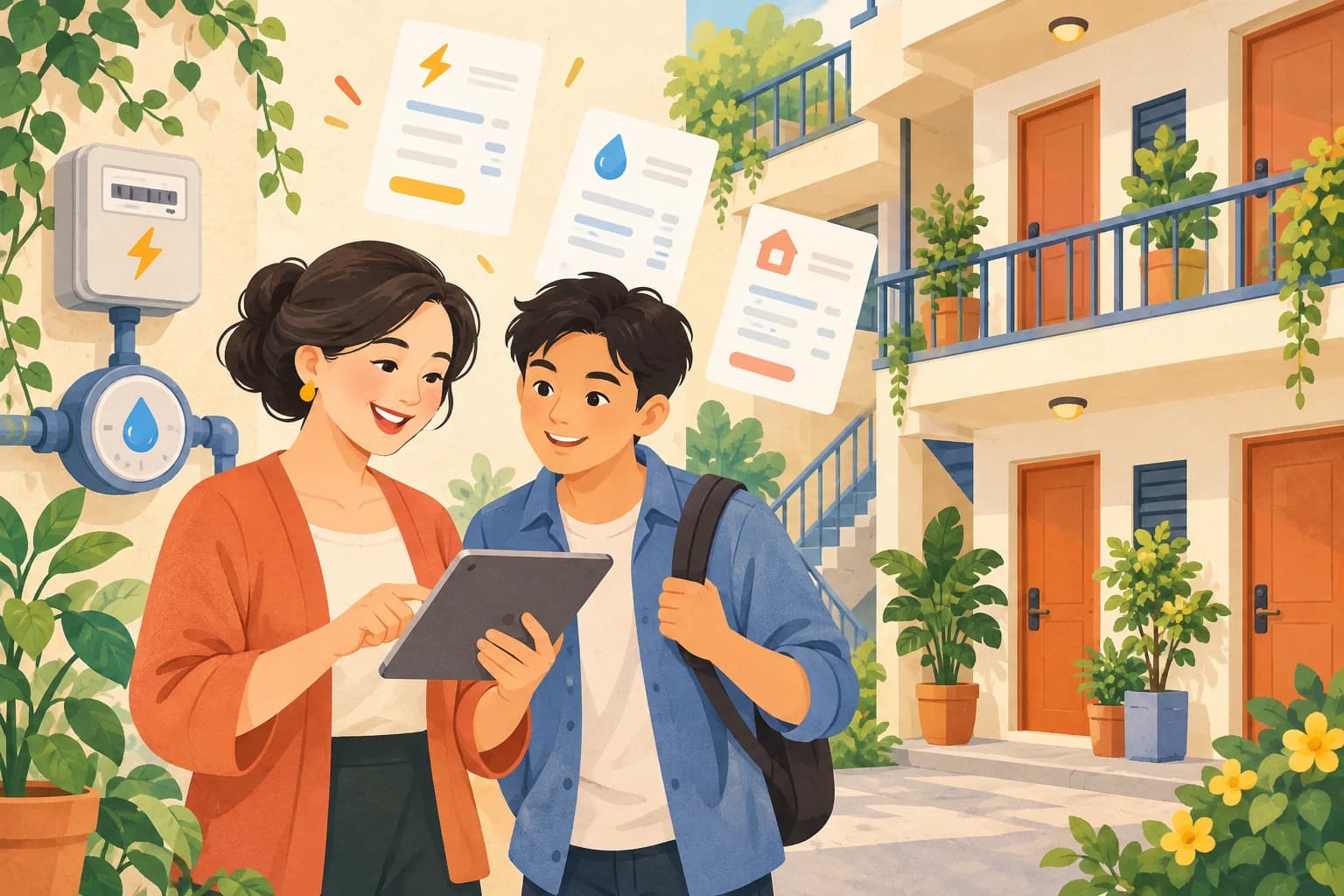 Minh họa 2D chủ trọ và khách thuê với thông tin phòng, điện nước và phiếu tiền phòng được sắp xếp gọn gàng